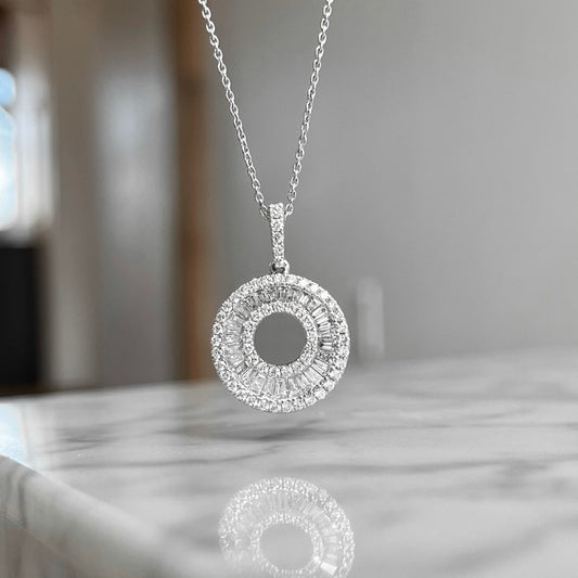 14K White Gold Triple Row Circle Diamond Pendant
