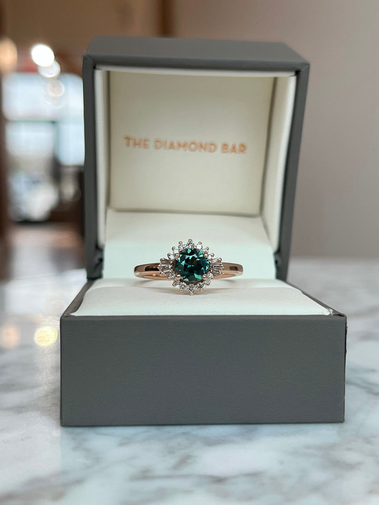 14K Rose Gold Teal Sapphire and Diamond Halo Ring