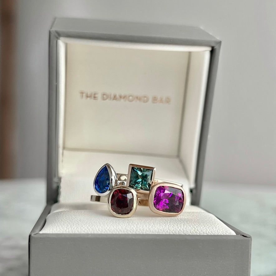 14K Rose Gold Princess Cut Teal Blue Sapphire Stackable Bezel Ring