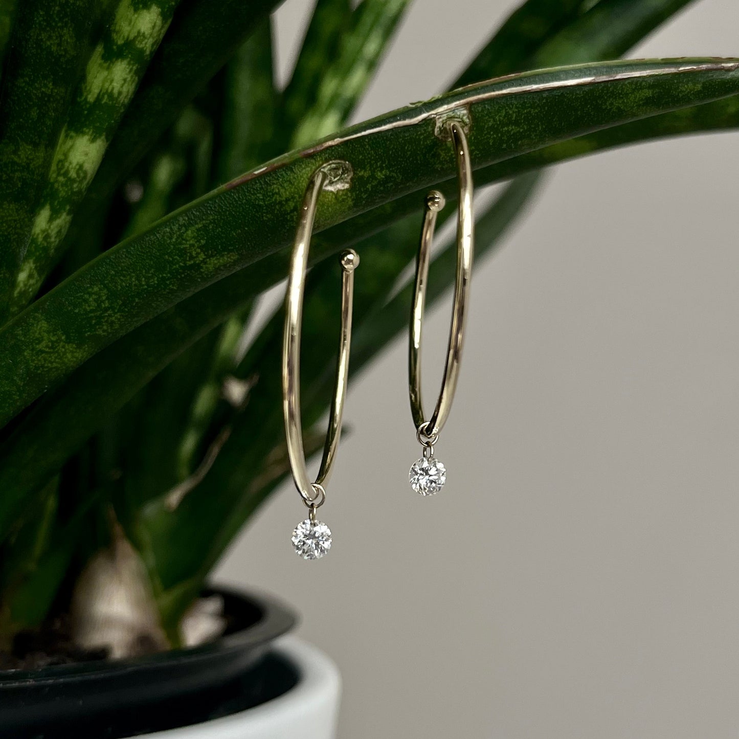 14K Yellow Gold Floating Diamond Hoop Earrings