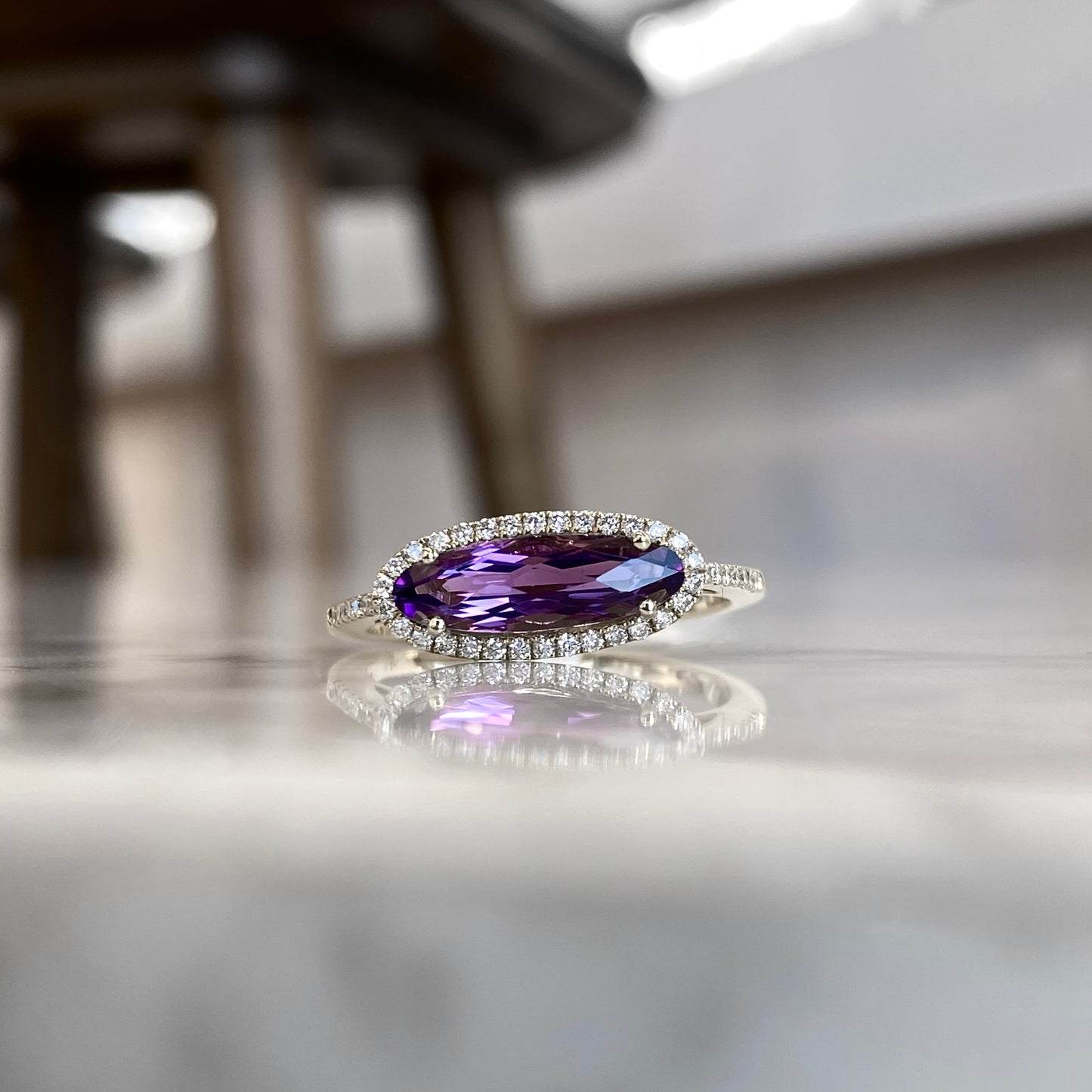 14K Yellow Gold Elongated Oval Amethyst and Diamond Ring