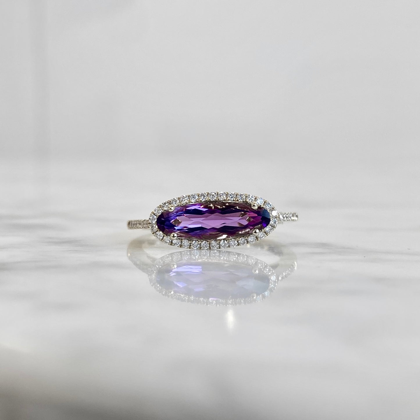 14K Yellow Gold Elongated Oval Amethyst and Diamond Ring