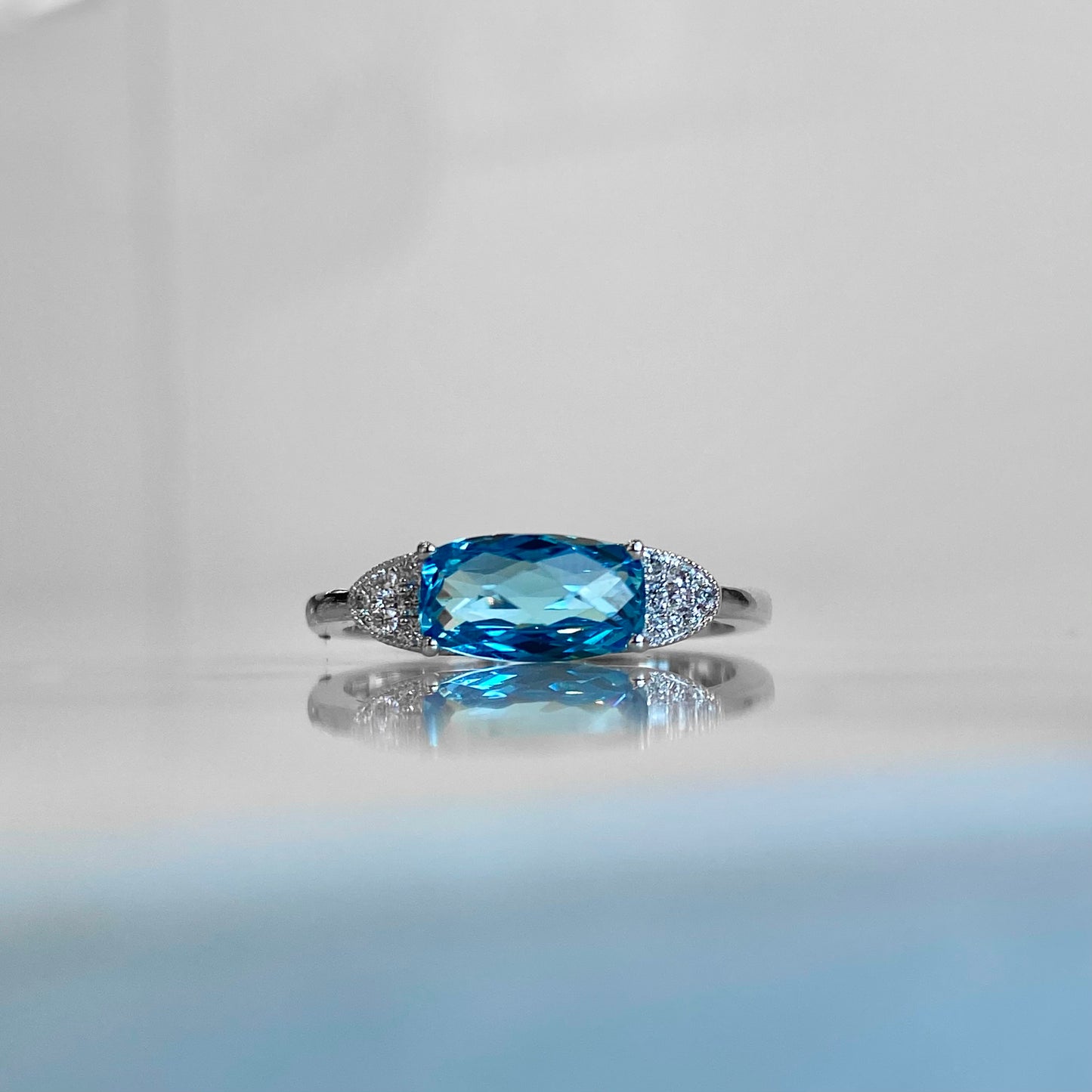 14K White Gold Elongated Cushion Blue Topaz and Diamond Ring