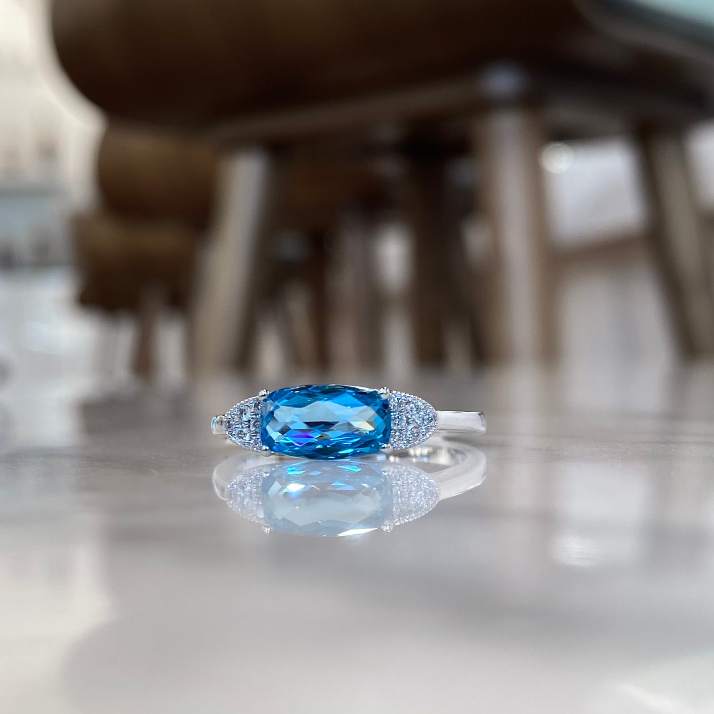 14K White Gold Elongated Cushion Blue Topaz and Diamond Ring