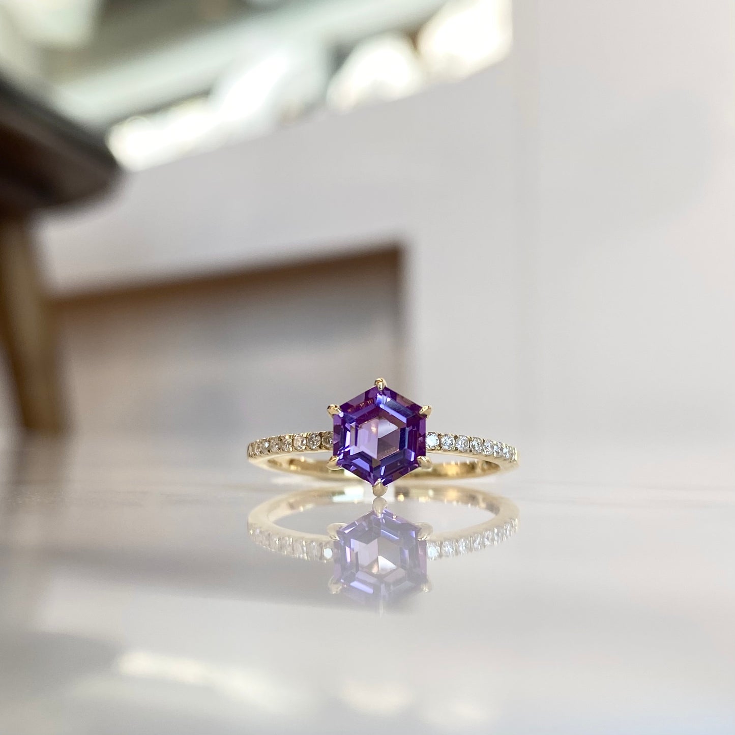 14K yellow gold hexagon cut amethyst and diamond ring
