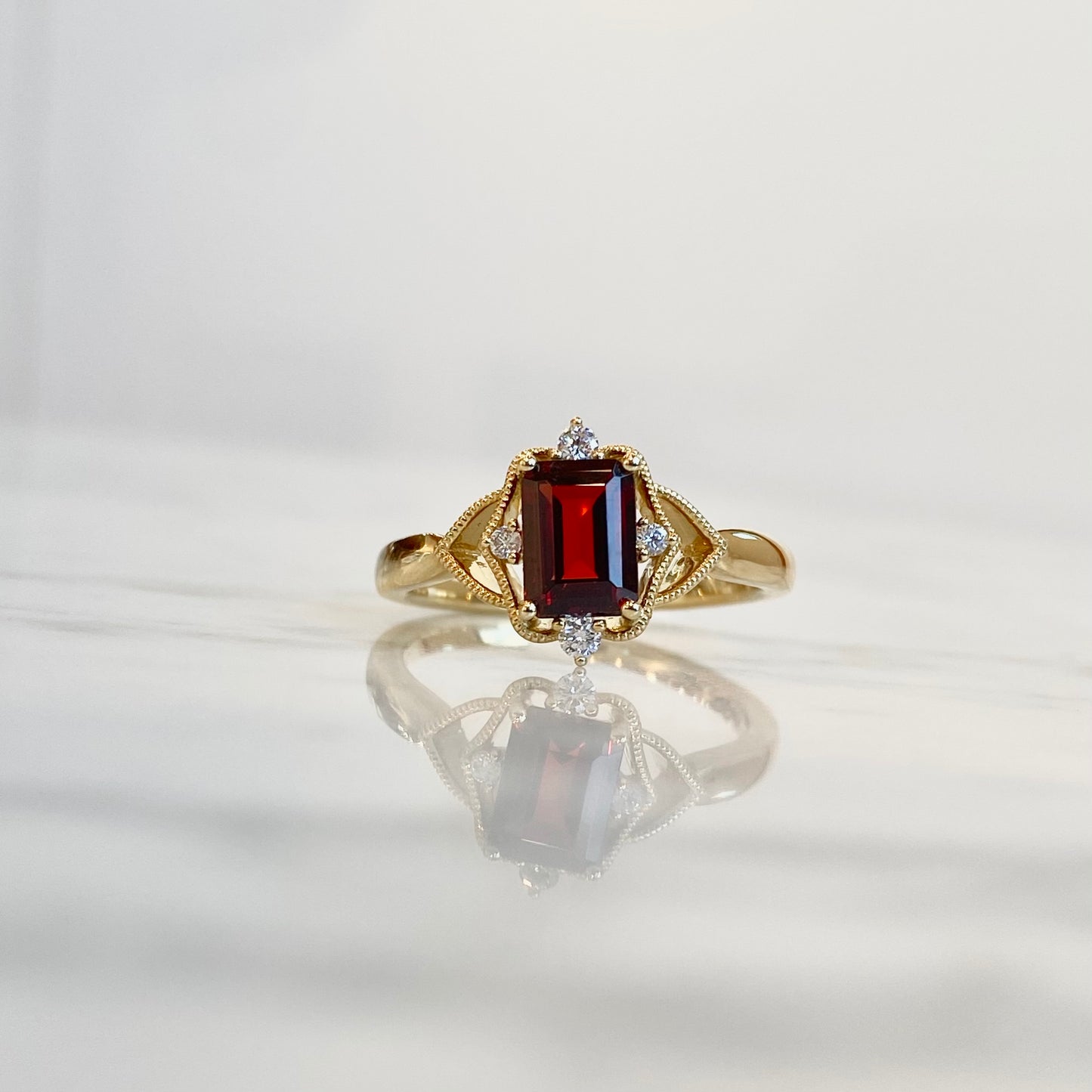 14K yellow gold garnet and diamond vintage styled ring