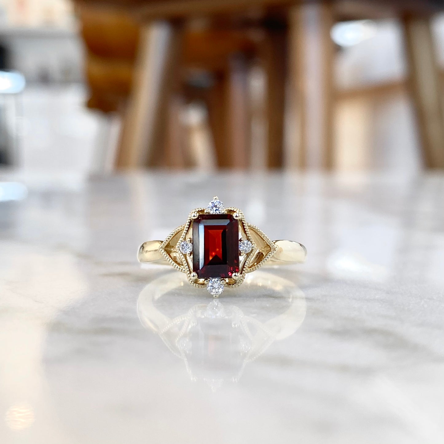 14K yellow gold garnet and diamond vintage styled ring
