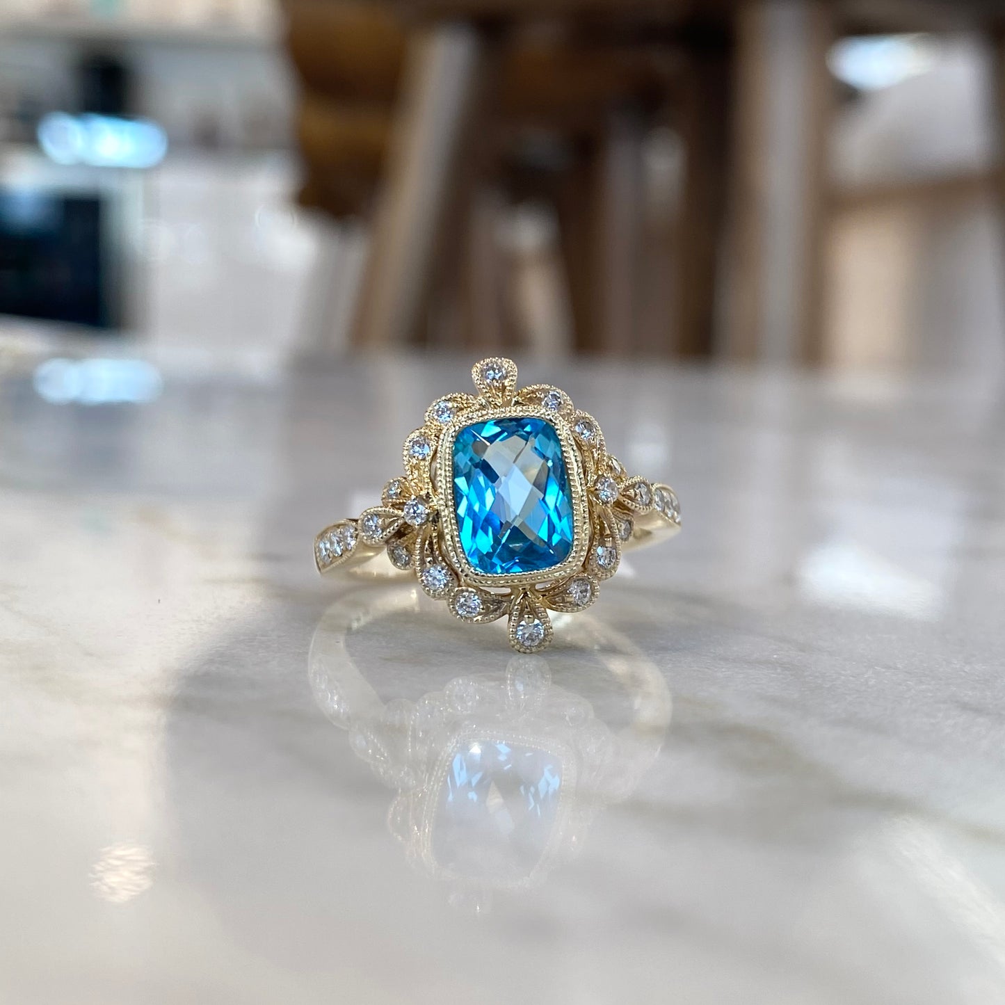 14K Yellow Gold Cushion Cut Blue Topaz and Diamond Millgrain Ring