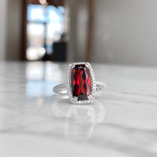 14K White Gold Cushion Garnet and Diamond Halo Ring