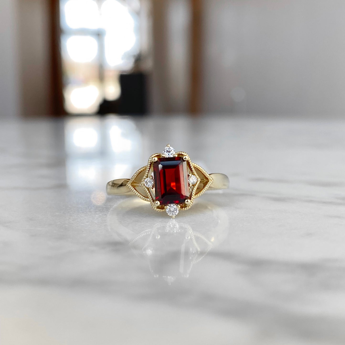 14K yellow gold garnet and diamond vintage styled ring