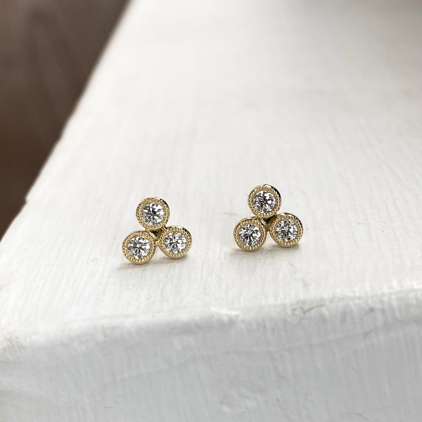 14K Yellow Gold Triple Diamond Bezel Stud Earrings 23/100CTW