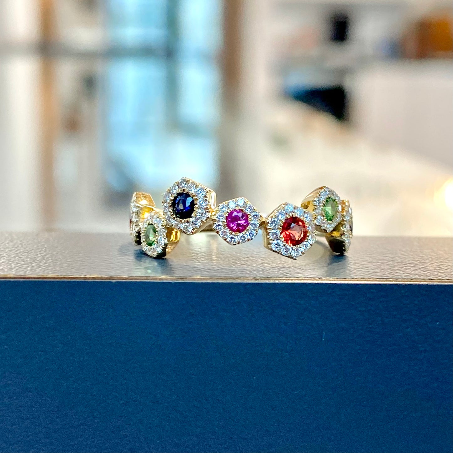 14K Rainbow Sapphire and Diamond Hexagon Halo Zig Zag Band