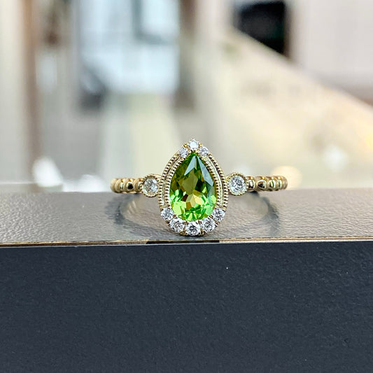 14K Yellow Gold Pear Peridot and Diamond Beaded Shank Semi Precious Ring