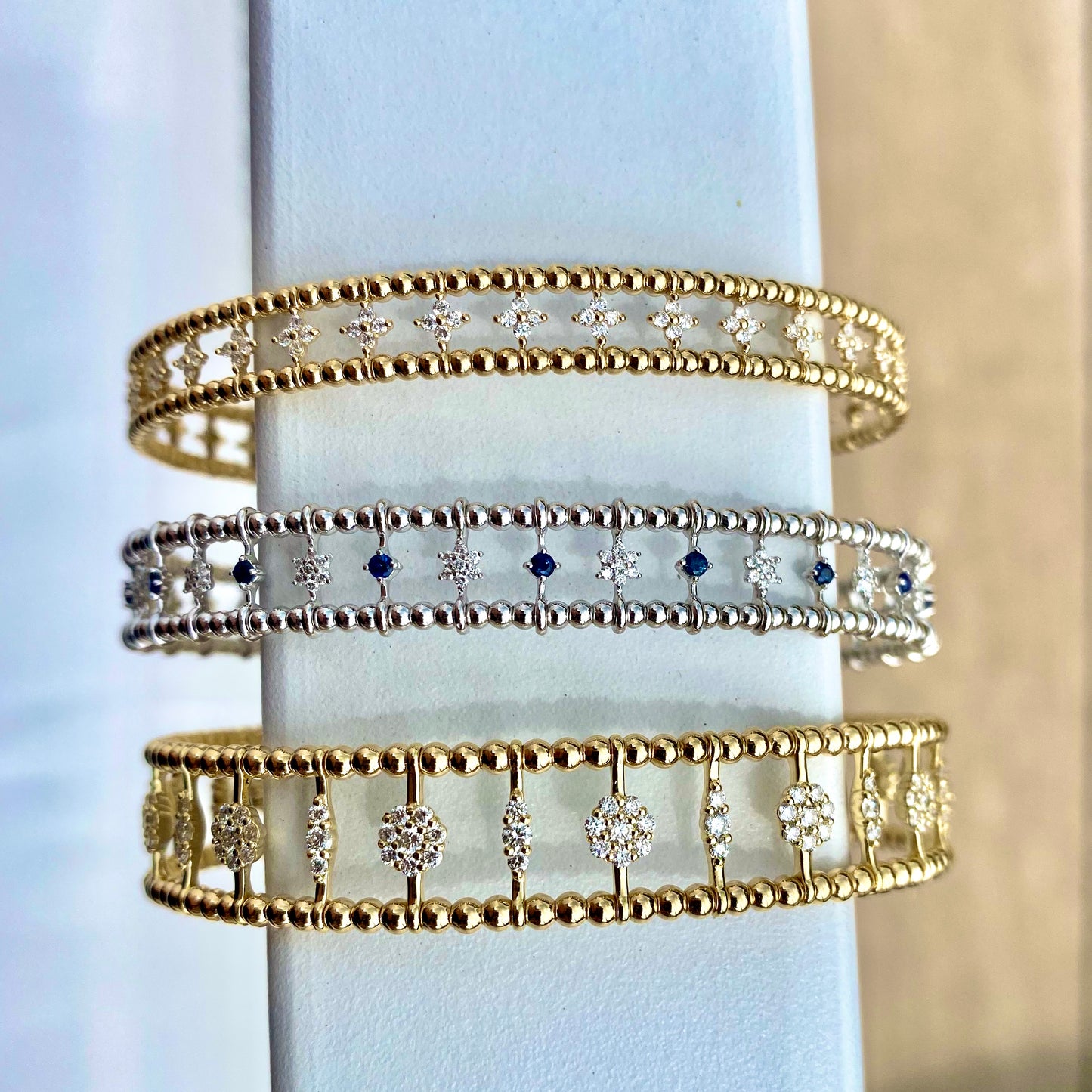 14K Yellow Gold Double Row clover Diamond Flex Cuff Bracelet 67/100CTW