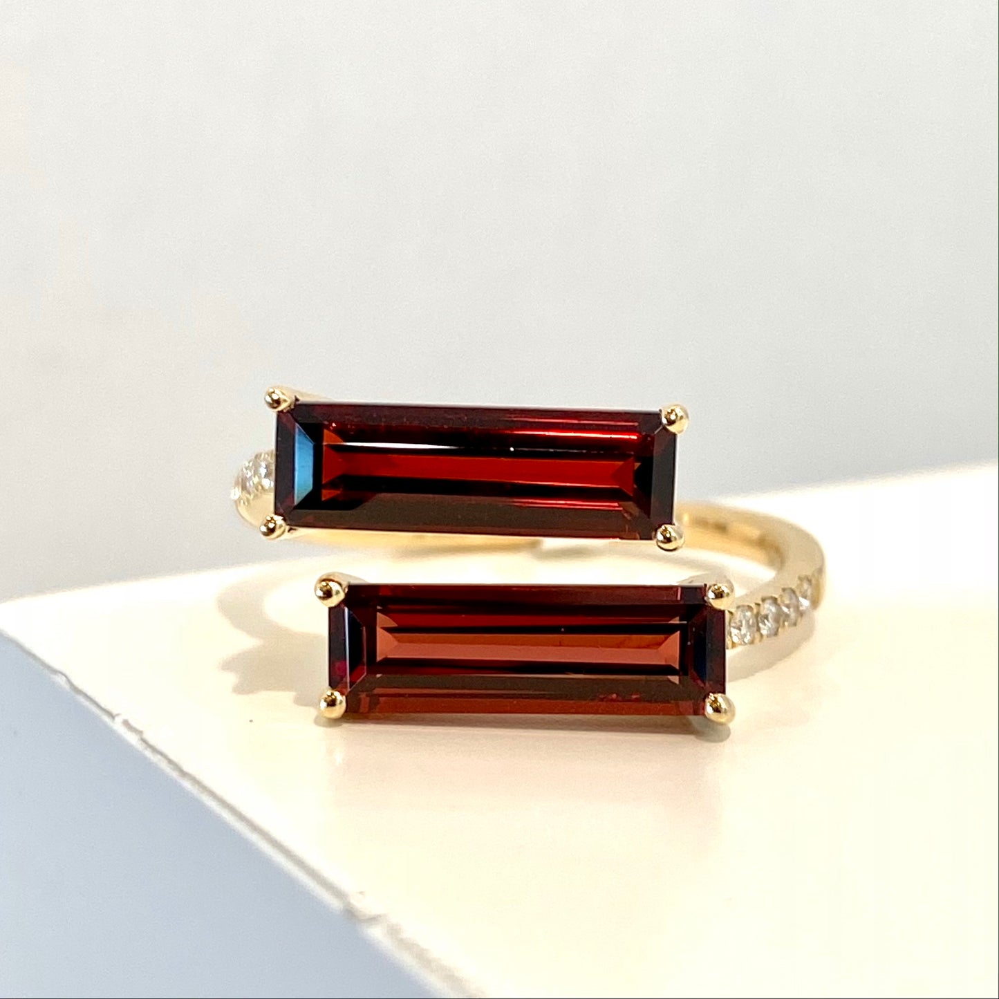 14K Yellow Gold Baguette Garnet Double and Diamond East West Ring