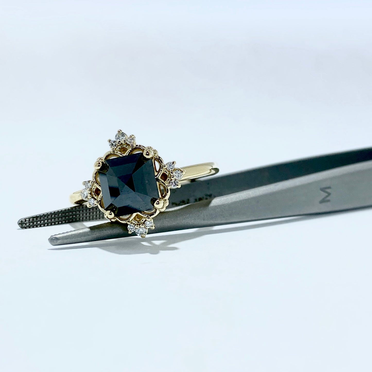 14K Yellow Gold Black Diamond Vintage Halo Ring