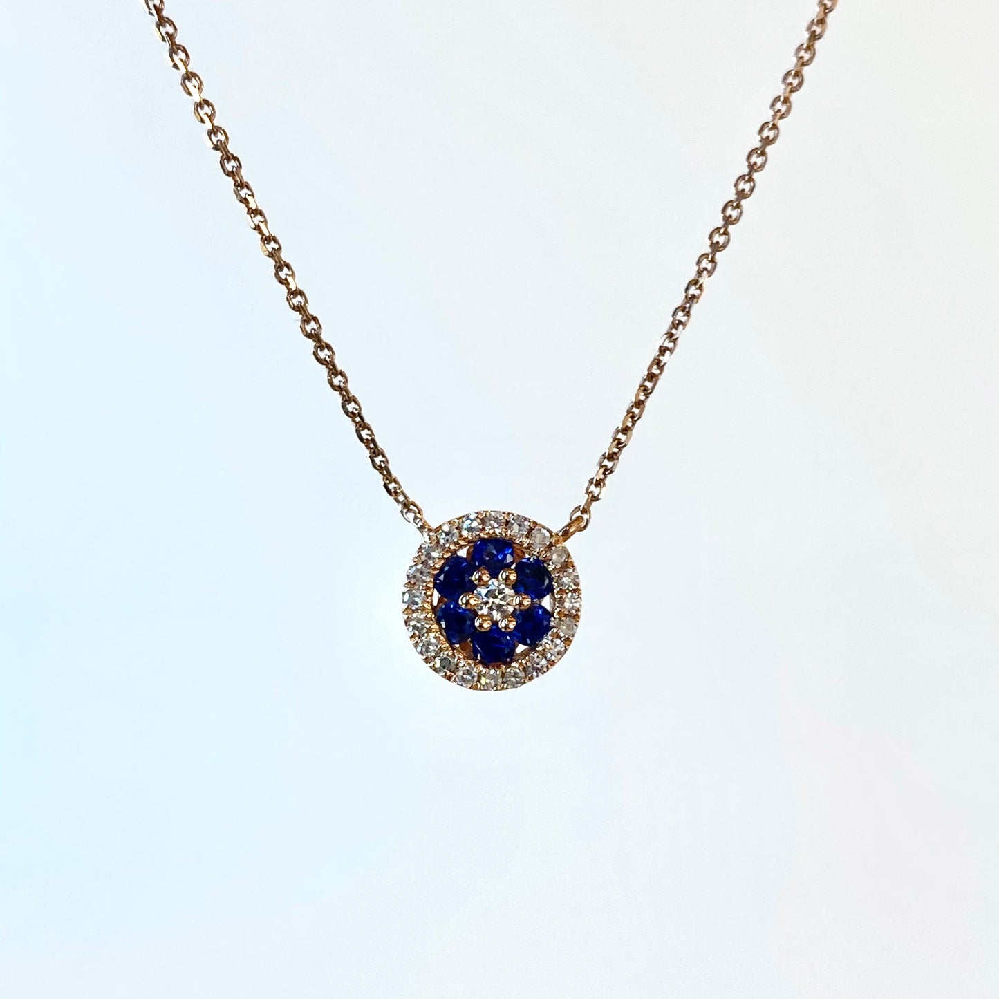 14K Rose Gold Diamond and Gemstone Halo Necklace