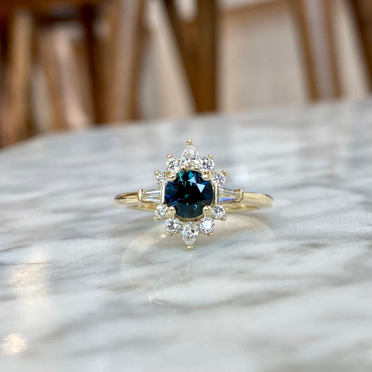 14K yellow gold teal color-shifting sapphire and diamond halo ring 1.43CTW