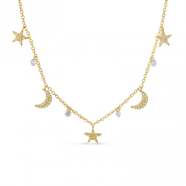 14K Yellow Gold Dashing Diamond Moon and Stars Floating Diamonds Necklace 36/100CTW