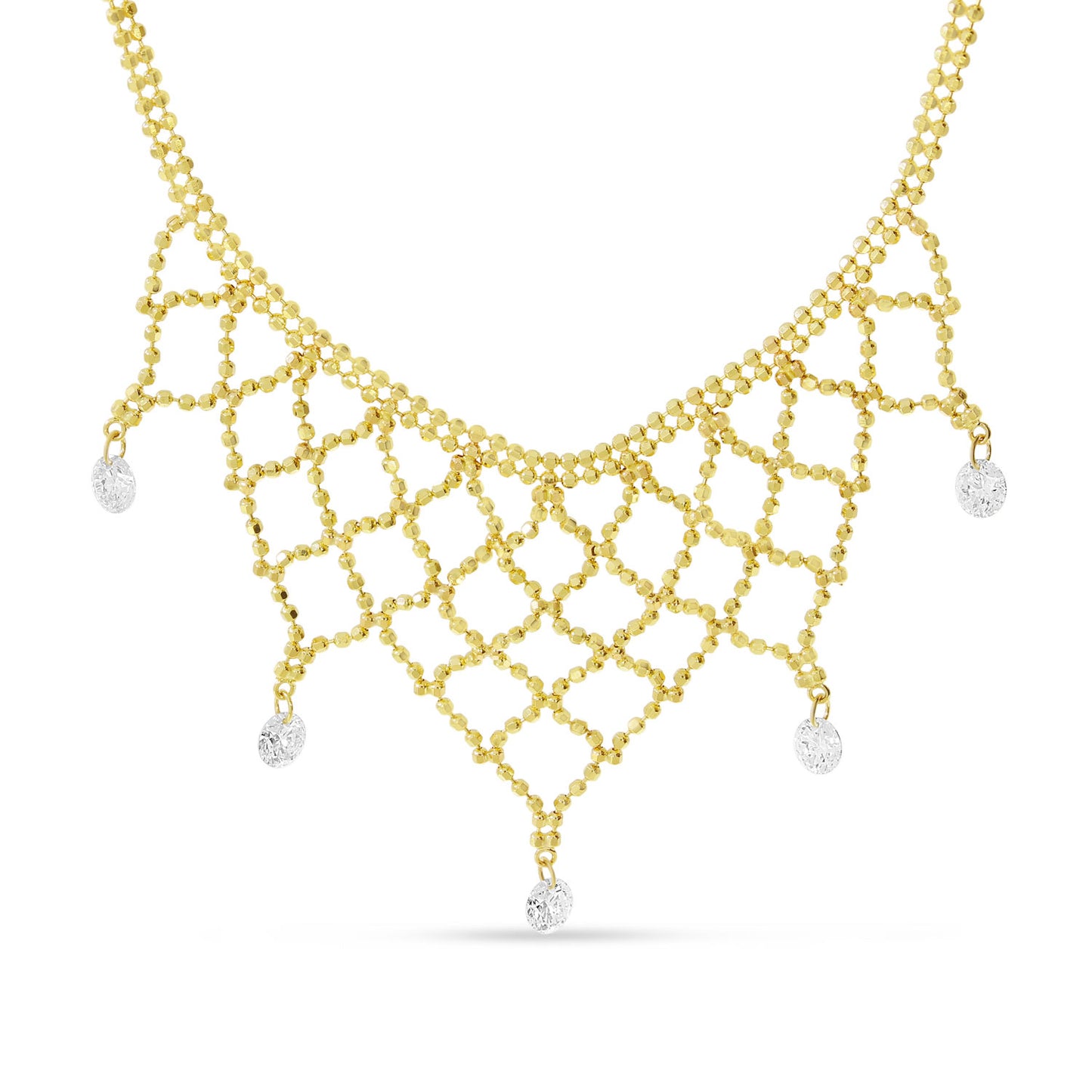 14K Yellow Gold Floating Diamond 5 stone Bib Necklace 60/100CTW