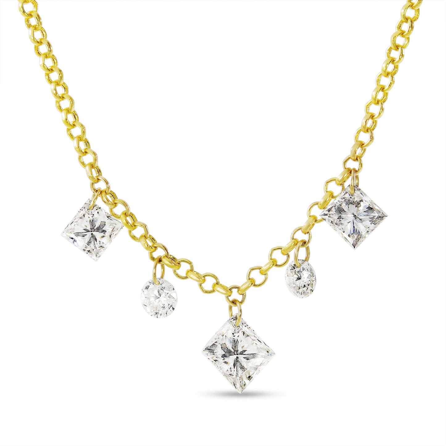 14K Yellow Gold Princess and Round Floating Diamond Neckace