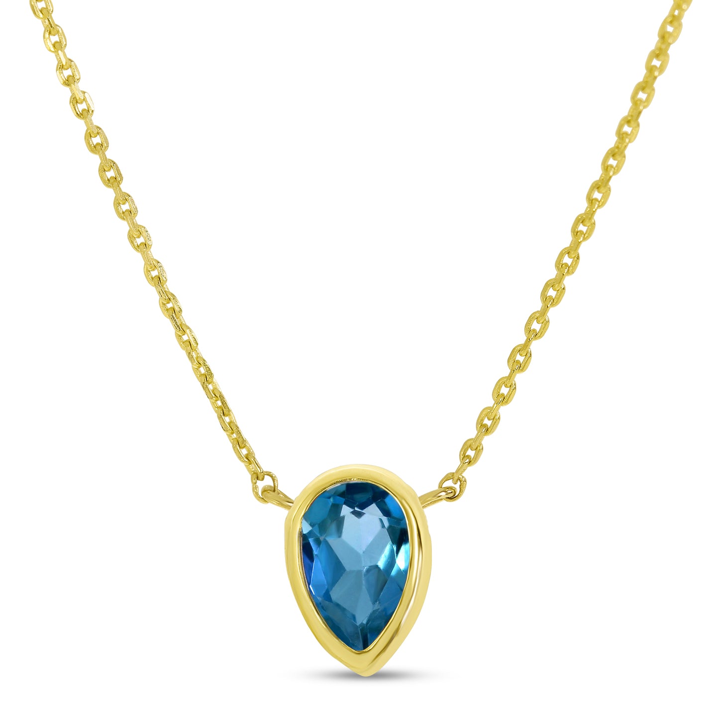 14K Downward Facing Pear Shape Blue Topaz Solitaire Necklace