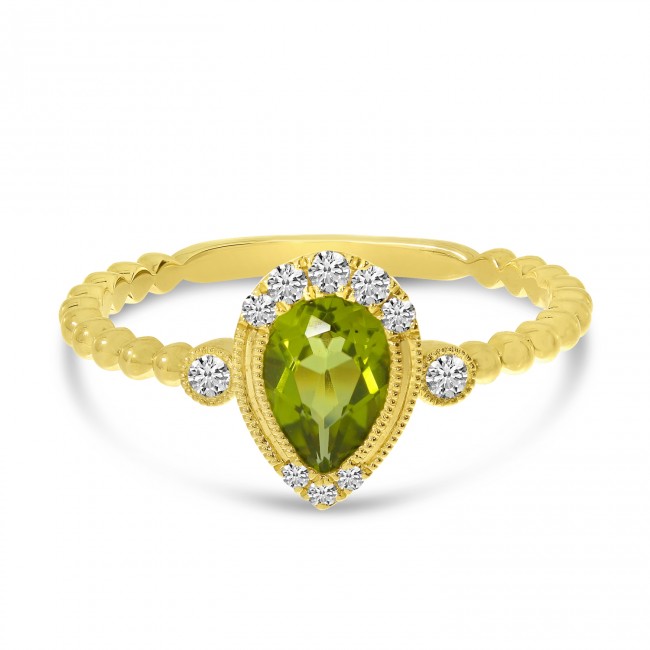 14K Yellow Gold Pear Peridot and Diamond Beaded Shank Semi Precious Ring