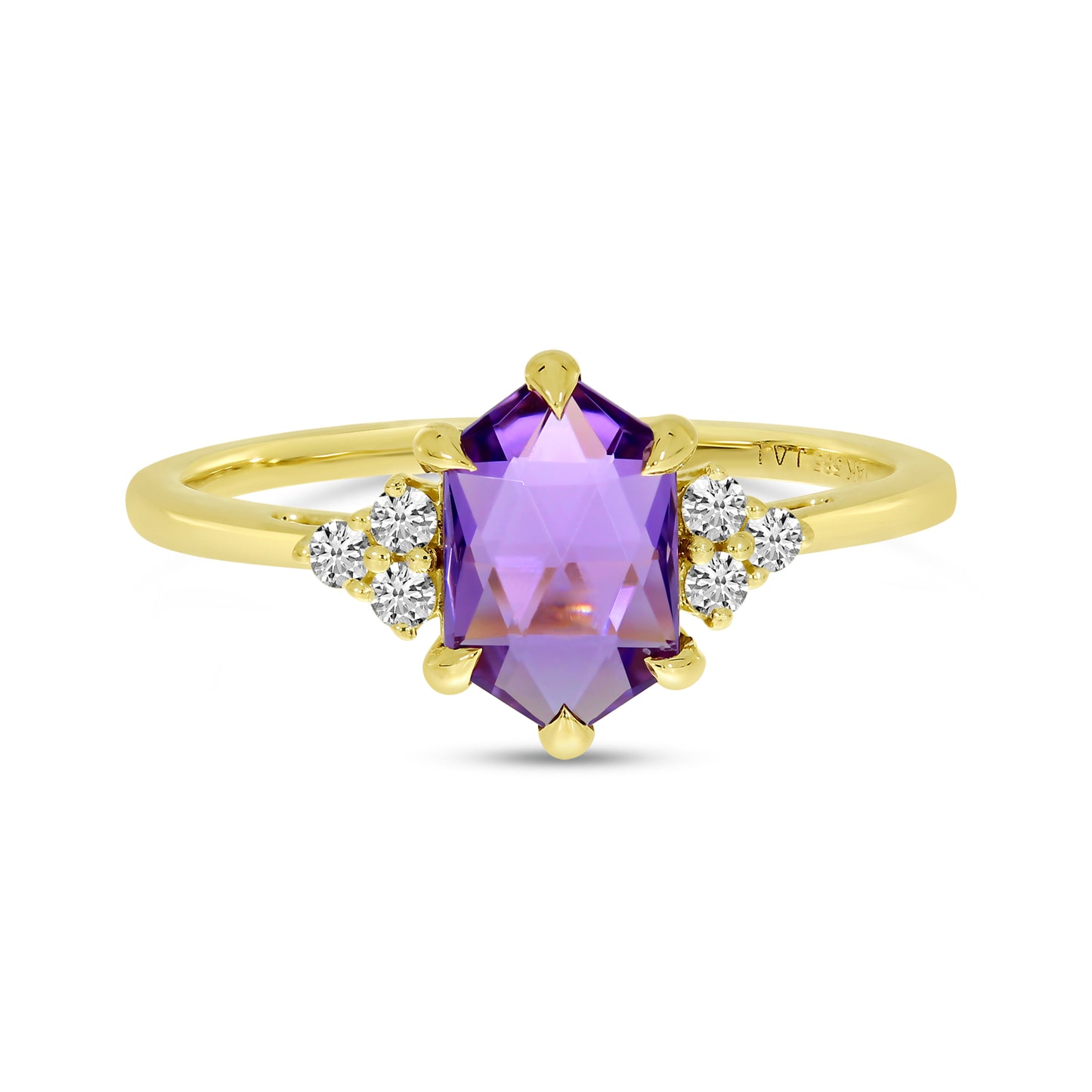 14K yellow gold elongted hexagon cut amethyst and diamond ring