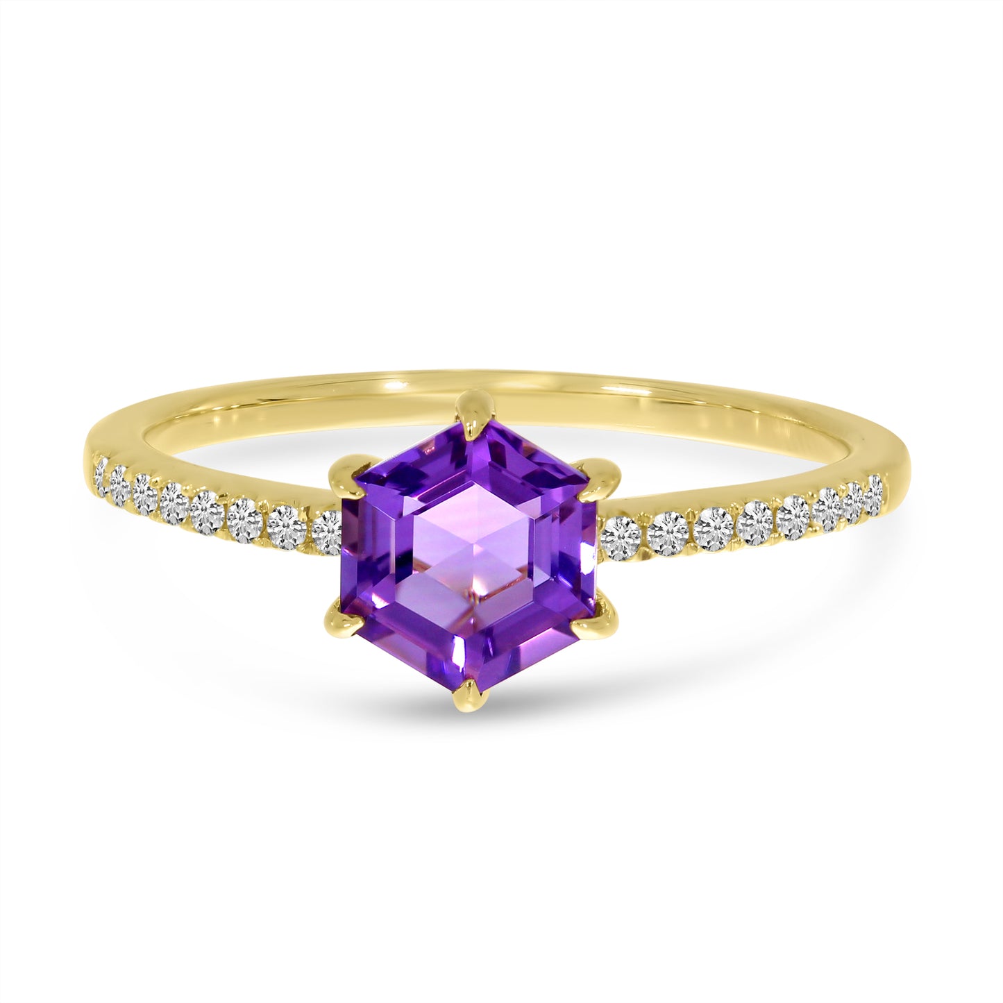 14K yellow gold hexagon cut amethyst and diamond ring