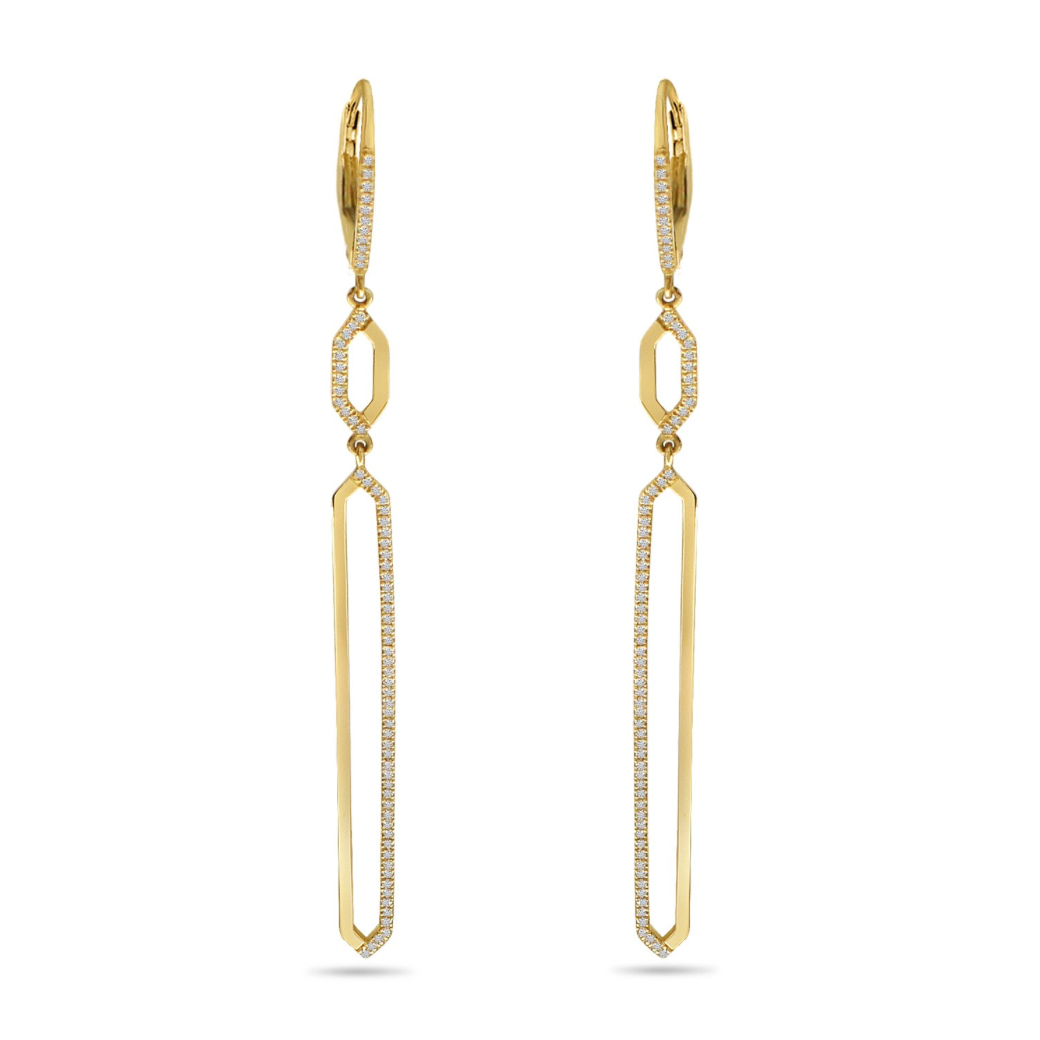 14K Yellow gold Modern Long Hexagon Diamond Drop Earrings 43/100CTW