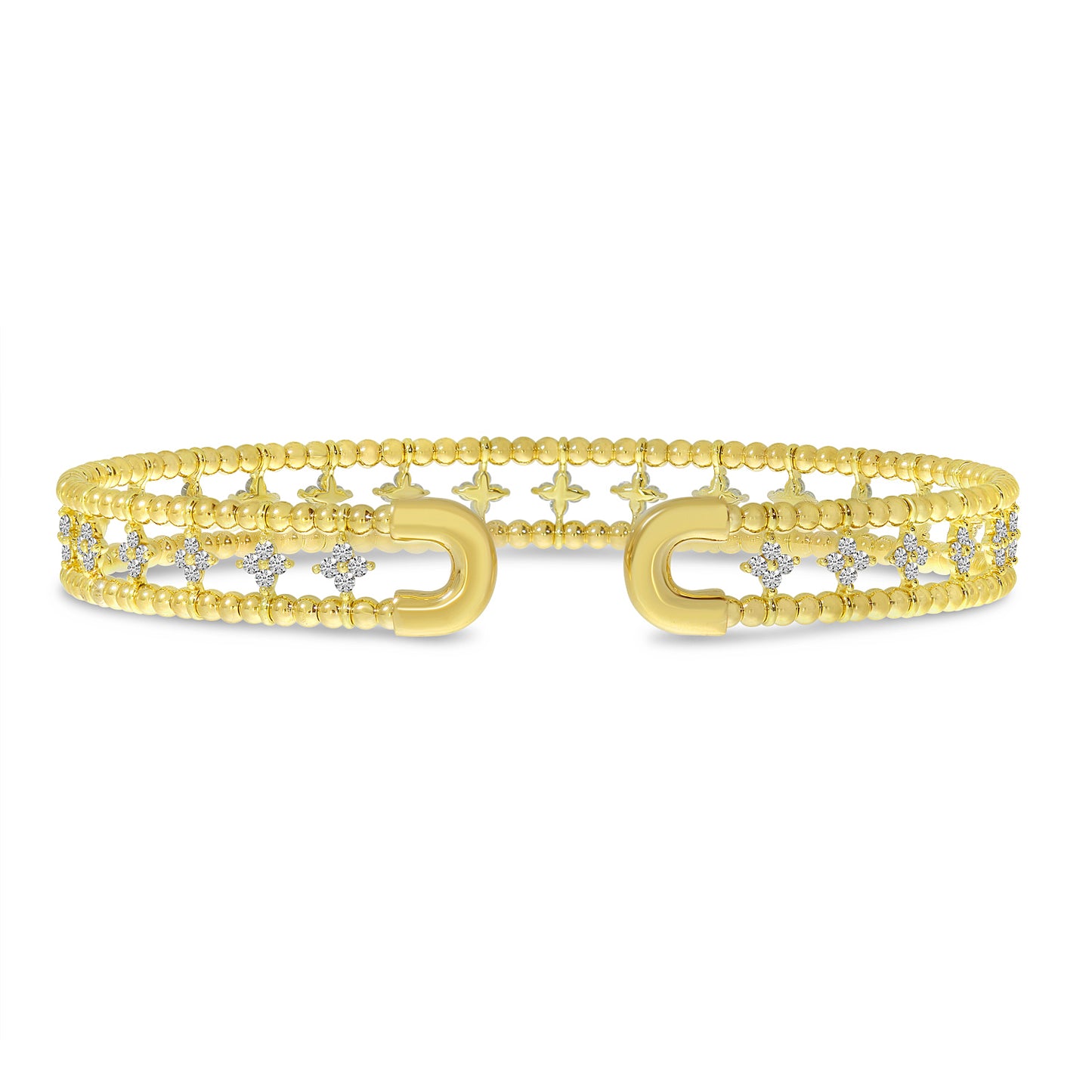 14K Yellow Gold Double Row clover Diamond Flex Cuff Bracelet 67/100CTW