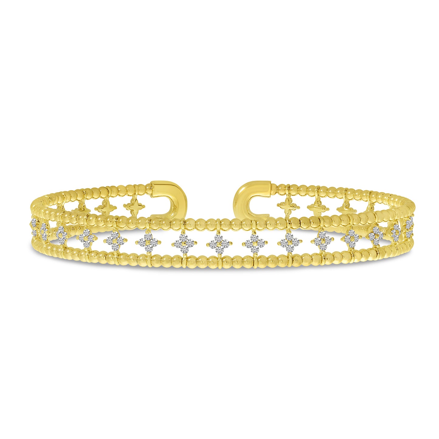 14K Yellow Gold Double Row clover Diamond Flex Cuff Bracelet 67/100CTW
