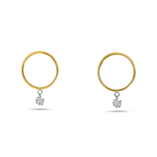 14K Gold Mini Floating Diamond Front Round Hoop Earrings