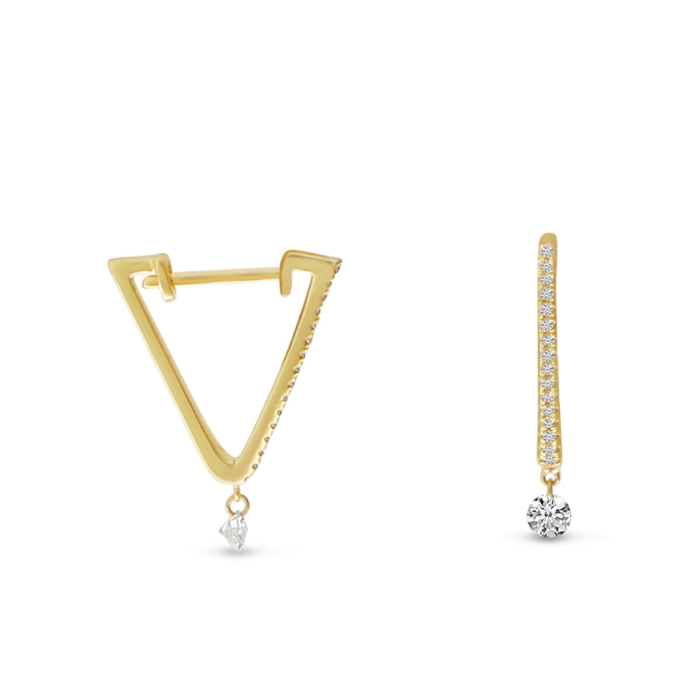 14K Gold Floating Diamond triangle Huggie Hoop Earrings