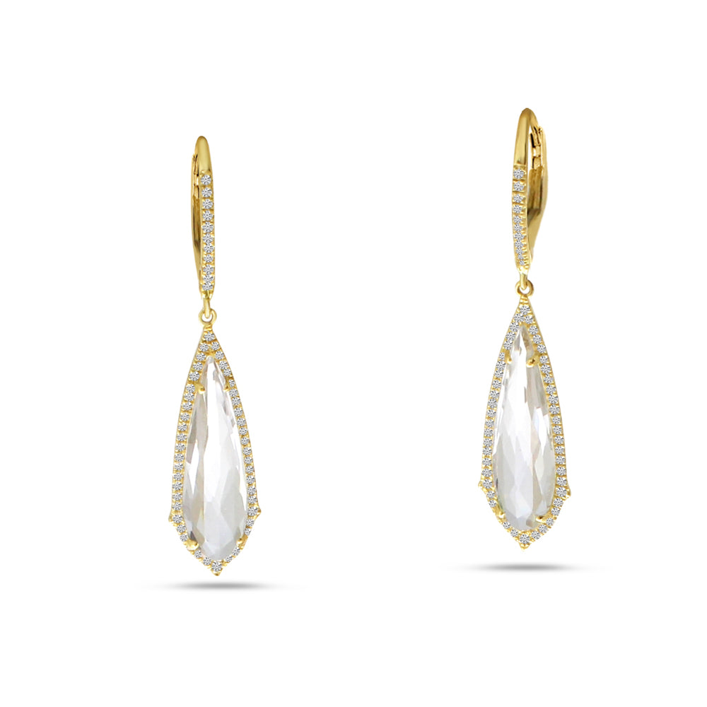 14K Yellow Gold White Topaz and Diamond Halo Drop Earrings