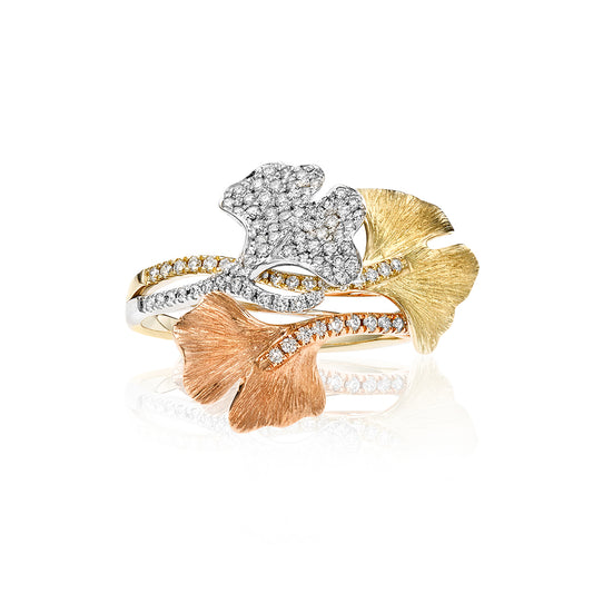 14K Tri-Color Triple Gingko Leaf Diamond Ring 46/100CTW