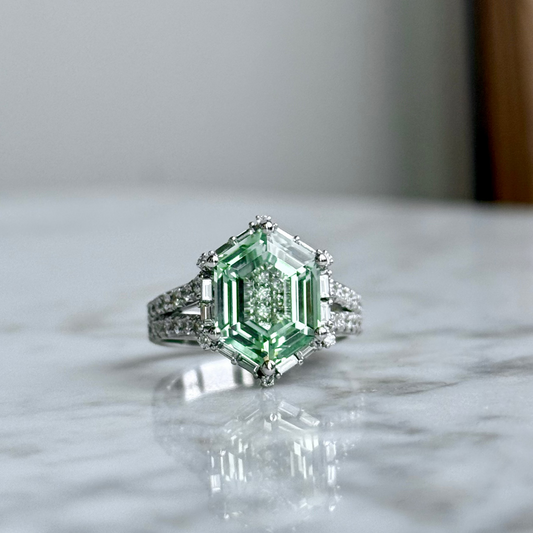 14K White Gold Mint Tourmaline "Lumineve" Diamond Halo Split Shank Ring