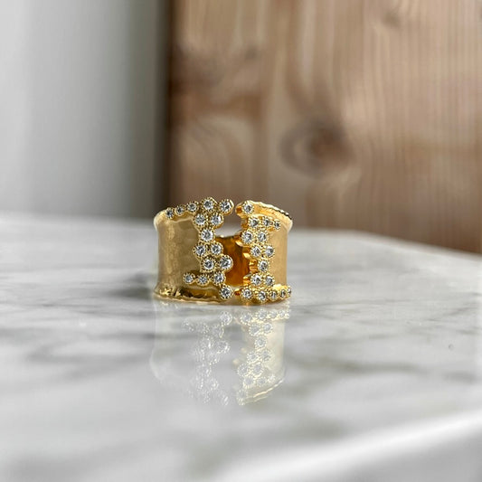 14K Yellow gold Hammered Diamond Open Concept Ring