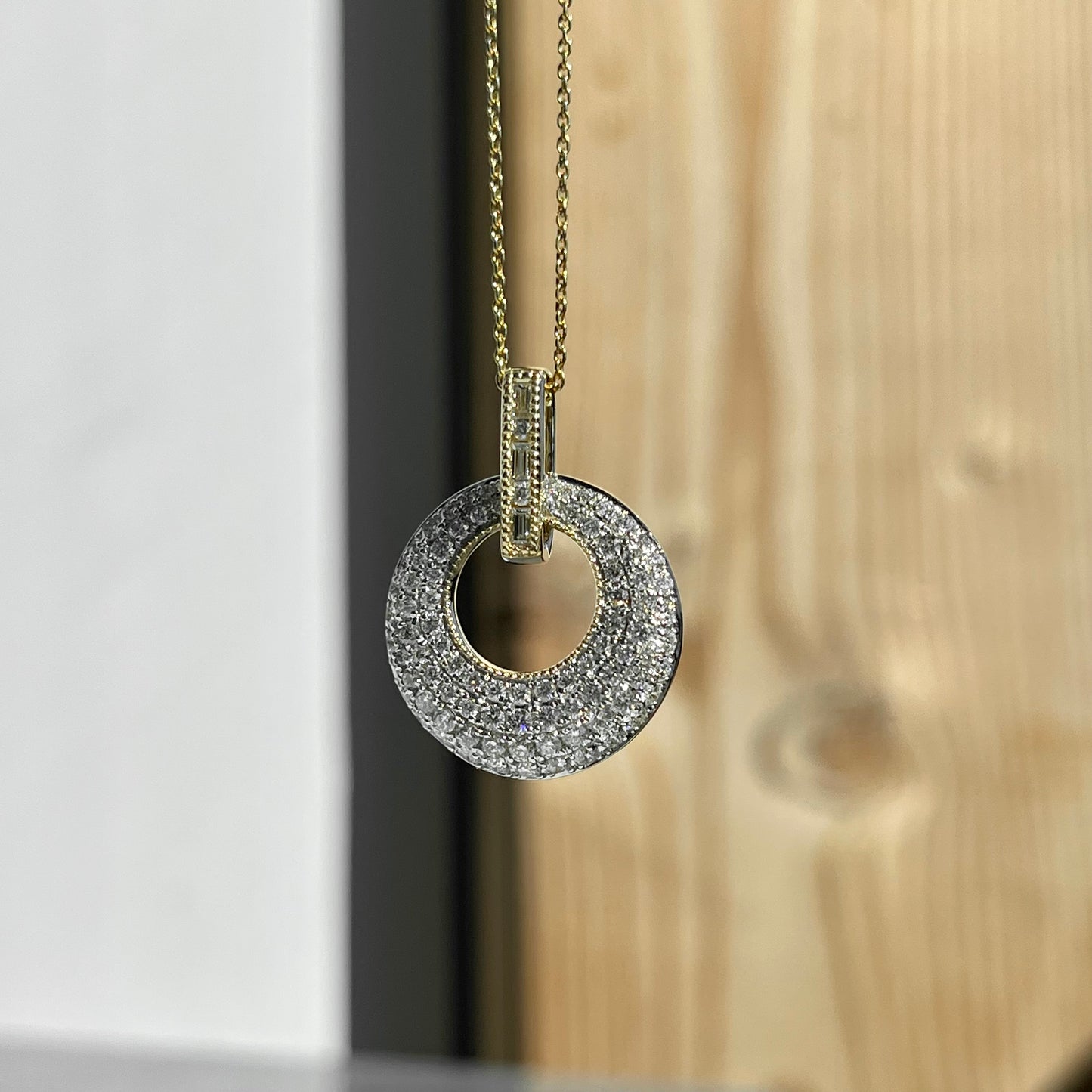 14K Yellow Gold and White Gold Pave Disc Necklace