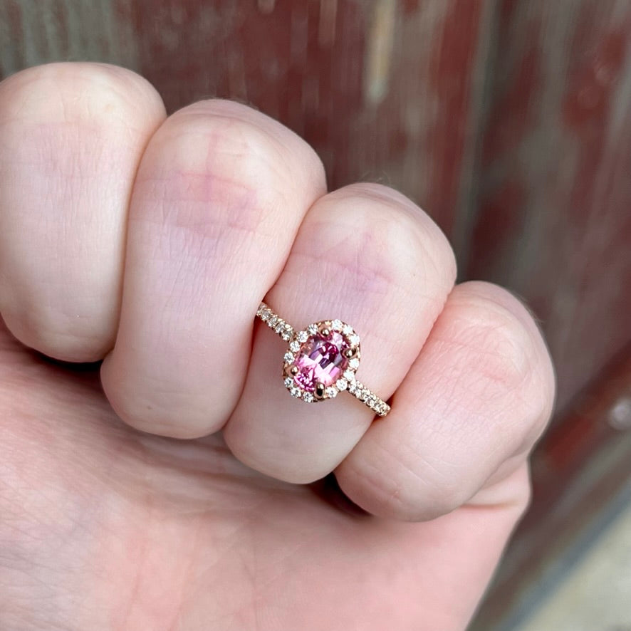 14K Rose Gold Pink Spinel and Diamond Halo Ring