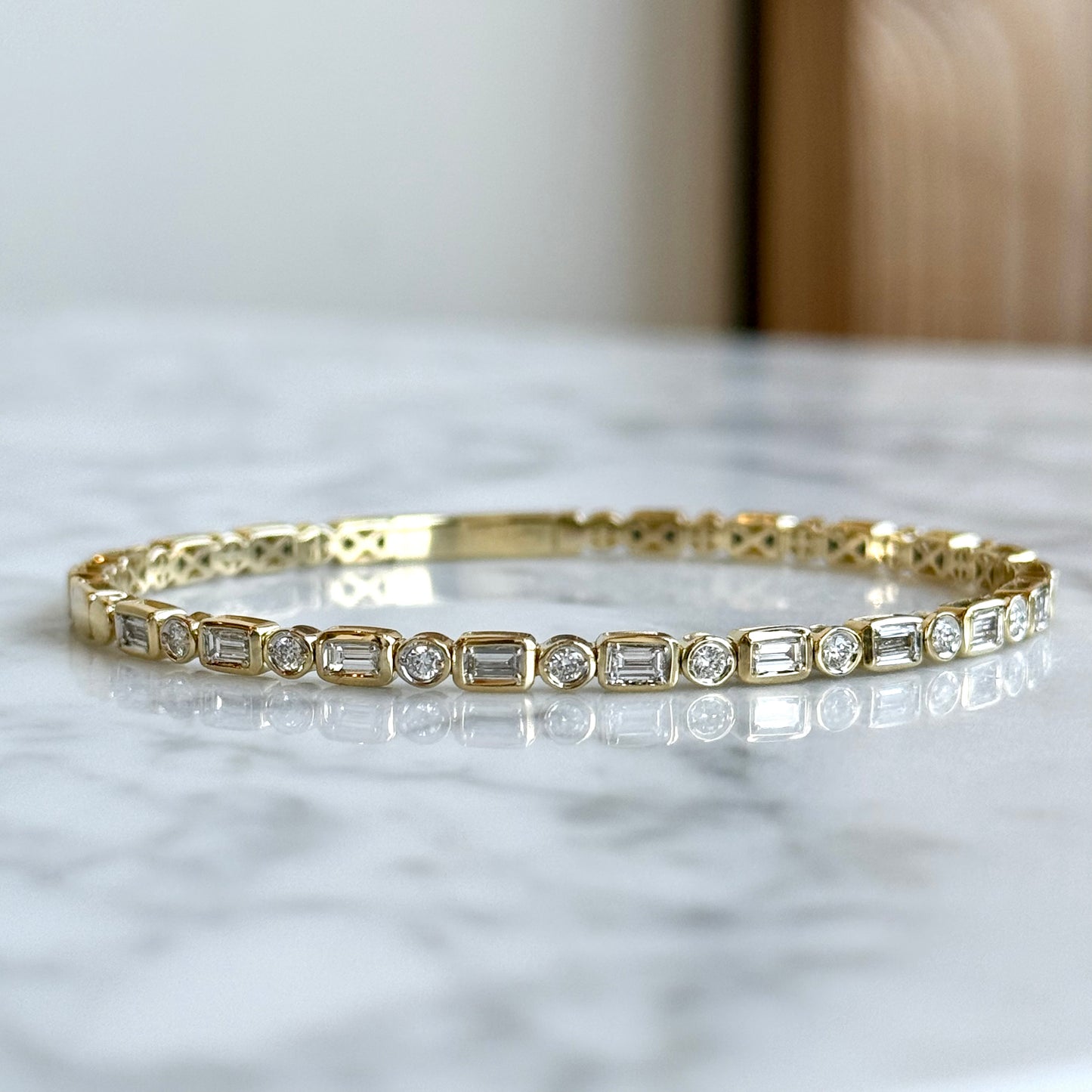14K Yellow Gold Alternating Baguette and Round Diamond Flexible Bangle Bracelet