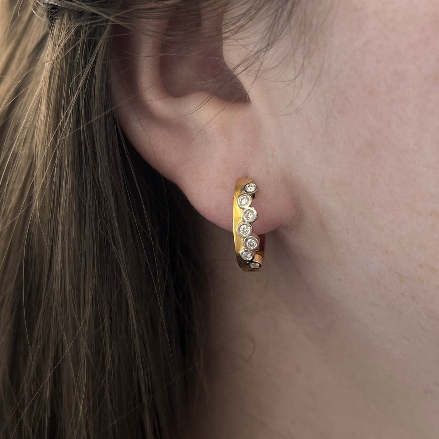 14K Yellow Gold Staggared Bezel Asymmetrical Diamond Hoop Earrings