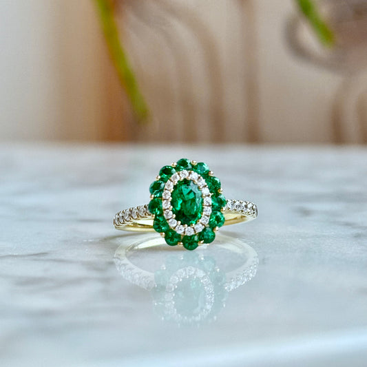 14K Yellow Gold Emerald and Diamond Ring