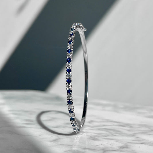 14K White Gold Sapphire and Diamond Bangle Bracelet