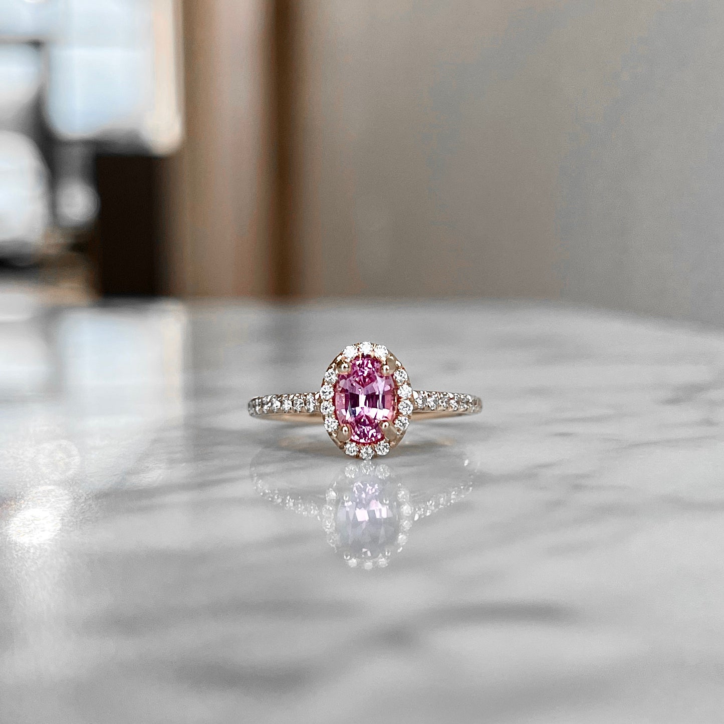 14K Rose Gold Pink Spinel and Diamond Halo Ring