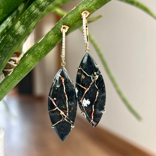 14K Yellow Gold Diamond and Lava Rock Jasper Mineral Earrings