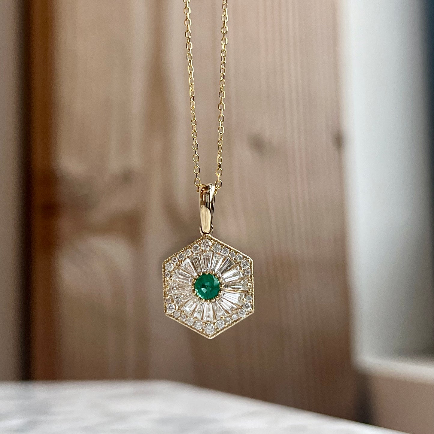 14K Yellow Gold Emerald Art-Deco Hexagon Diamond Necklace