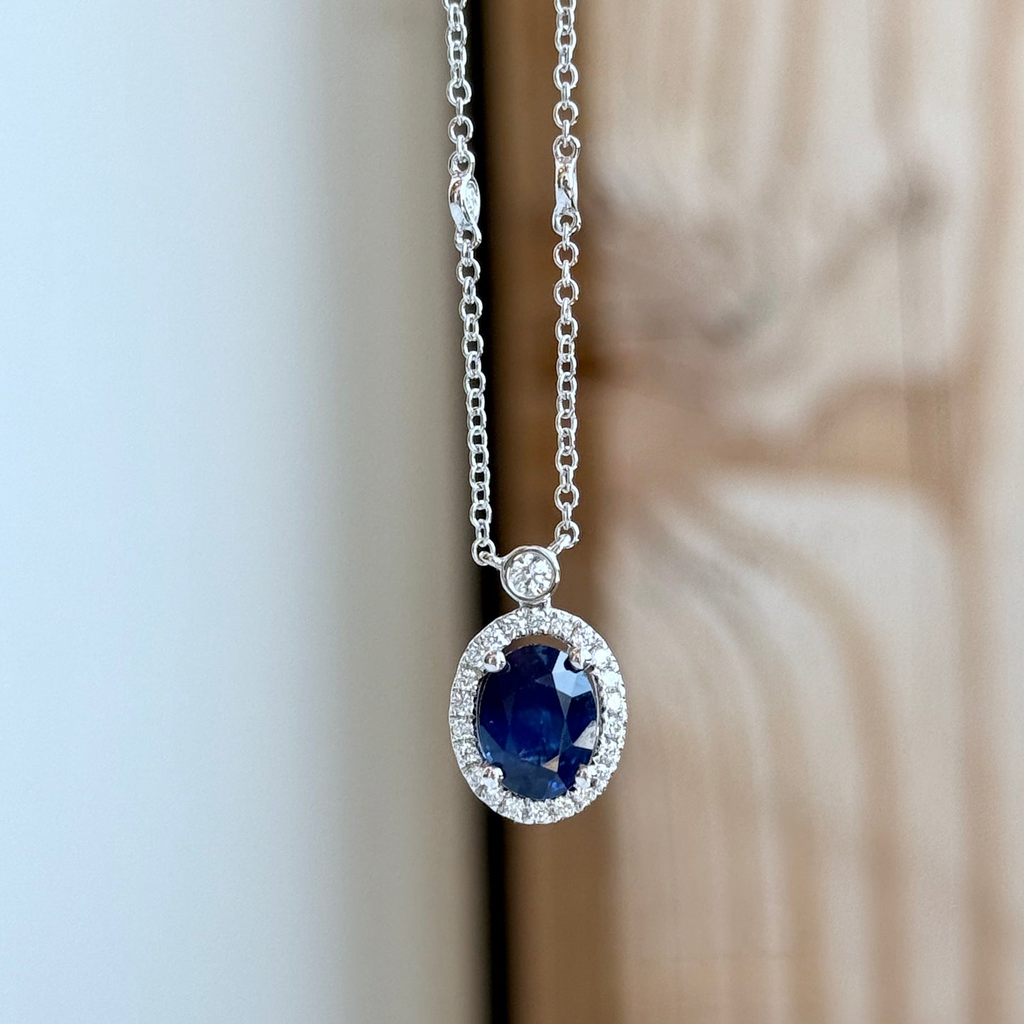 18K White Gold Sapphire and Diamond Halo Necklace