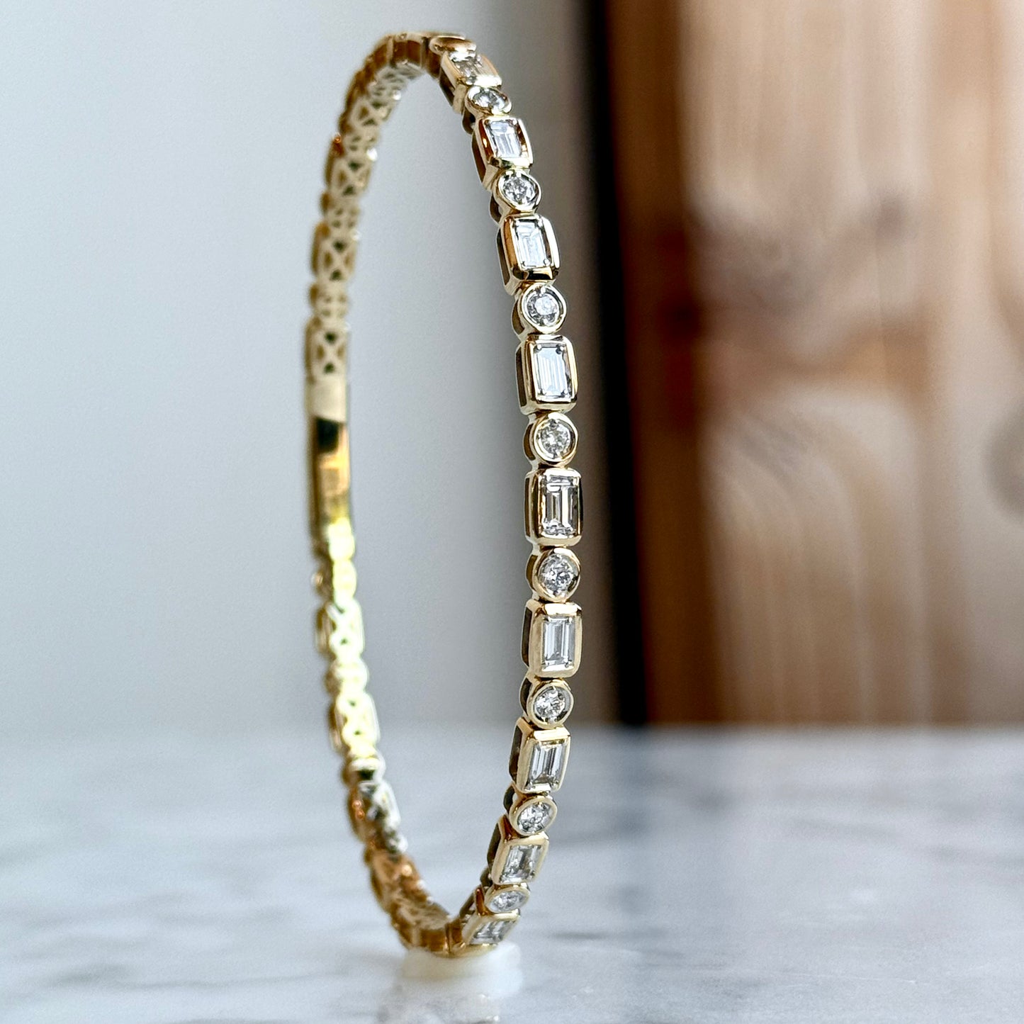 14K Yellow Gold Alternating Baguette and Round Diamond Flexible Bangle Bracelet