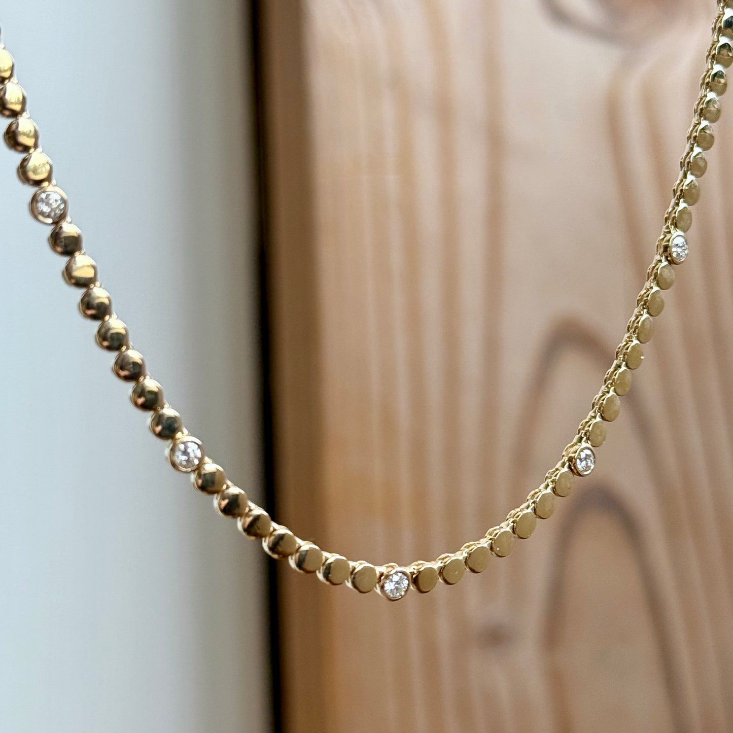 14K Yellow Gold Flat Bead and Bezel Diamond Riviera Necklace